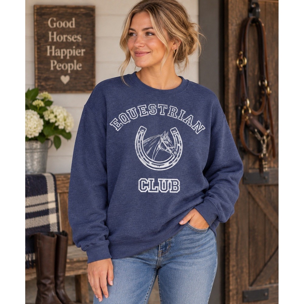 Treasure & Bond Women's XL Equestrian Club Horse Graphic Sweatshirt Navy